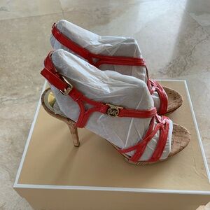 Michael Kors Cicely pink patent leather & cork heeled sandal 🍉
